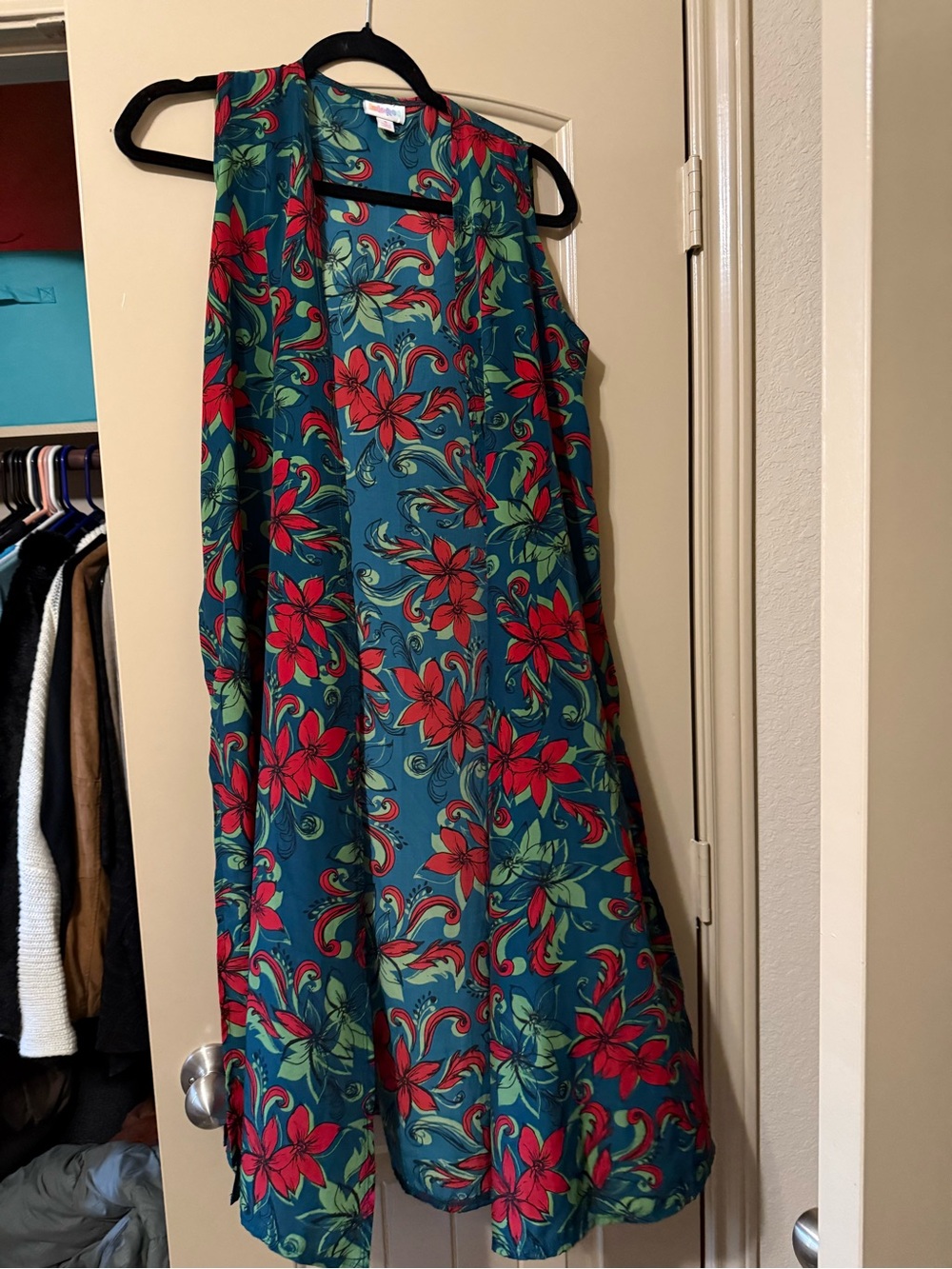 LuLaRoe Joy Floral Long Duster Vest Small Teal Red
